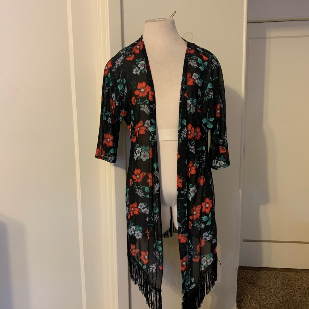 Ember| Black Floral Kimono With Fringe